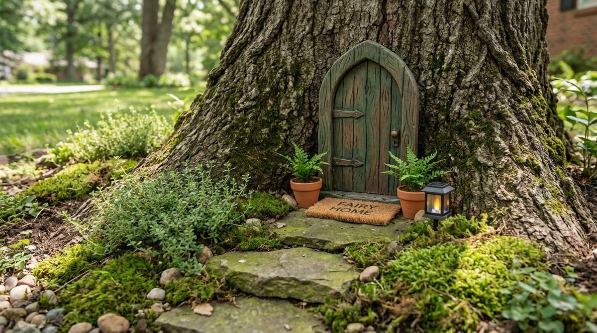 A miniature wooden or resin fairy door mounted against a tree trunk or container edge, creating a magical entrance to a hidden realm. The door is positioned at soil level with small stone steps leading to it, surrounded by moss for an aged, natural look. Tiny decorative elements like welcome mats, potted plants, or miniature lanterns suggest active fairy habitation, enhancing the fairy garden aesthetic.
