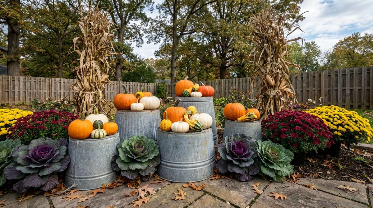 A rustic garden display featuring upturned galvanized buckets used as pedestals for pumpkins and gourds, with ornamental cabbage, mums, and dried cornstalks arranged around the bases. The industrial metal containers create beautiful contrast with organic harvest elements, perfect for autumn garden tub decor.