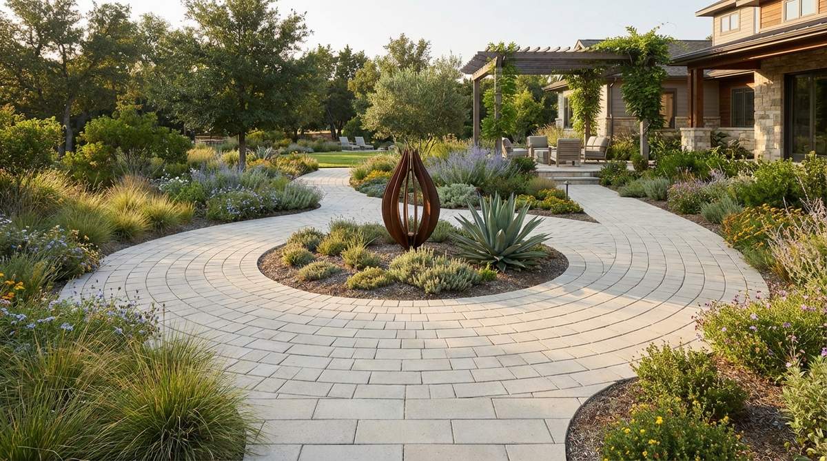 A modern garden pathway designed in a Fibonacci spiral pattern, curving outward following the mathematical sequence to create natural circulation routes. The spiral center is anchored by a specimen plant or sculpture, adding subtle sophistication and intuitive navigation to the garden design.