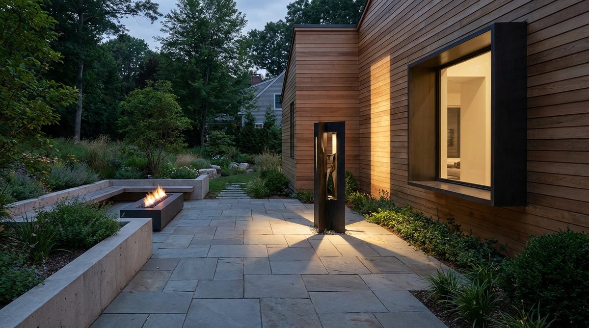 A modern garden lighting setup featuring framing projector lights with internal shutters that shape beams into precise rectangles or geometric patterns, ideal for highlighting architectural features like windows or artwork without spill onto adjacent surfaces.