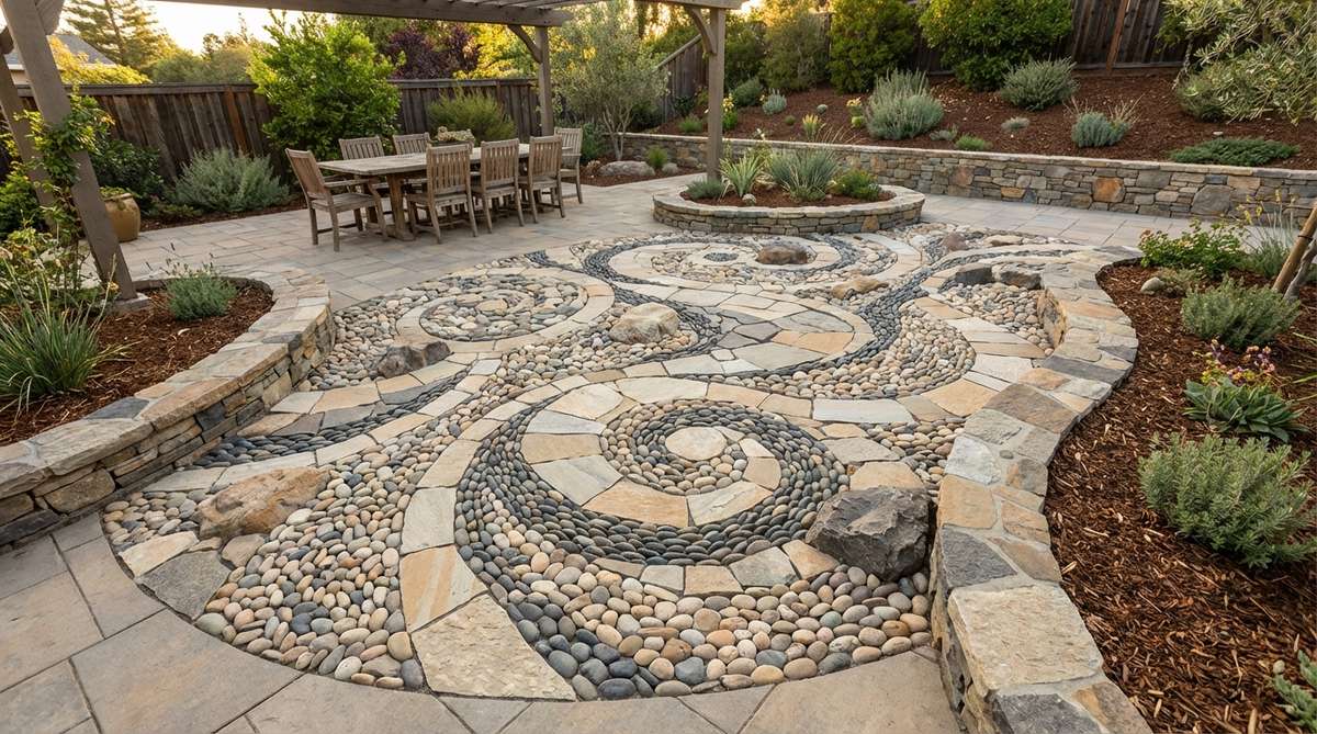 An abstract stone garden mosaic with a free-form design, resembling an outdoor carpet. Features curved borders and organic internal patterns made from pebbles and large stones, creating an artistic and eclectic look suitable for seating or dining areas.
