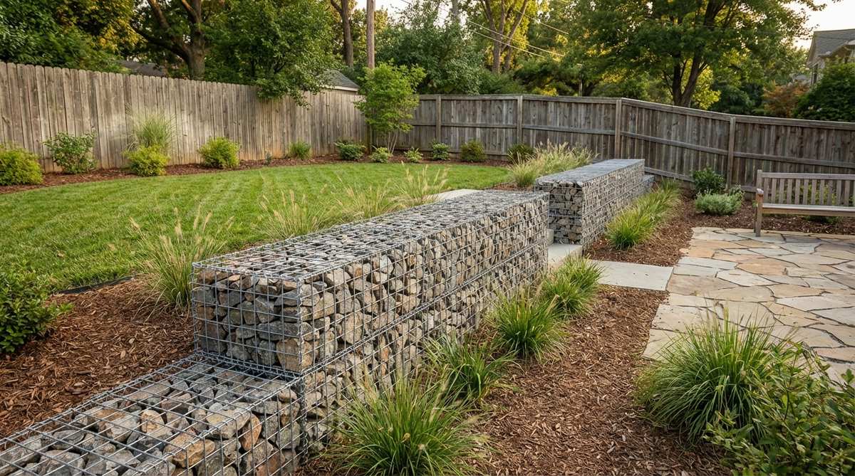 A modern gabion wire basket retaining wall constructed with galvanized wire mesh cages filled with angular stones, showing the industrial-chic aesthetic and modular stacking design suitable for small garden applications.