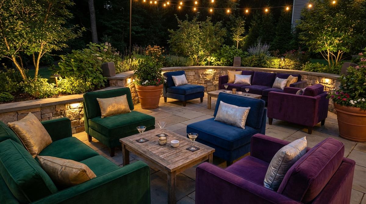 A sophisticated nighttime garden lounge with deep jewel tones like emerald, sapphire, and amethyst, featuring velvet cushions and metallic accent pillows. Portable speakers are discreetly placed behind planters for ambient jazz music, with classic cocktails and small tables at elbow height for convenient drink placement. Lounge-style seating is arranged in conversational clusters, ideal for an adult demographic in an irregularly shaped small garden.