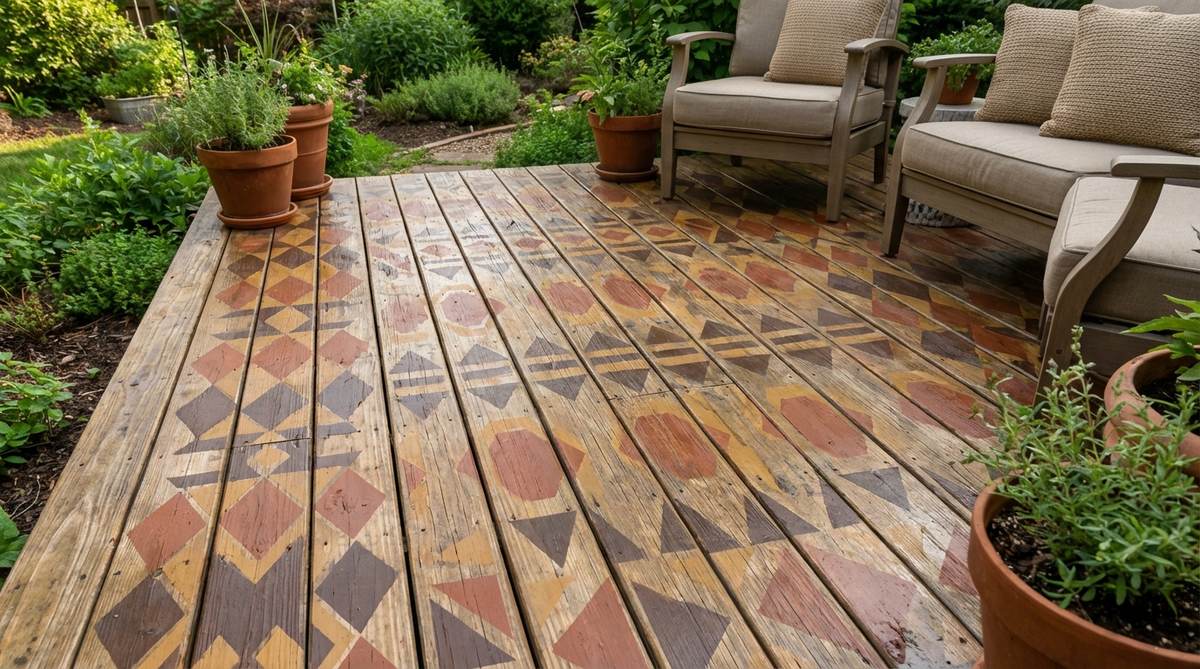 A close-up photo of a concrete patio or wooden deck with traditional African geometric patterns stenciled in earth-tone exterior paints. The design features interlocking diamonds, hexagons, and triangles in rust, ochre, and deep brown colors over a lighter base, sealed with clear outdoor coating for protection. This Afro boho decor element adds visual interest and cultural authenticity to outdoor spaces.