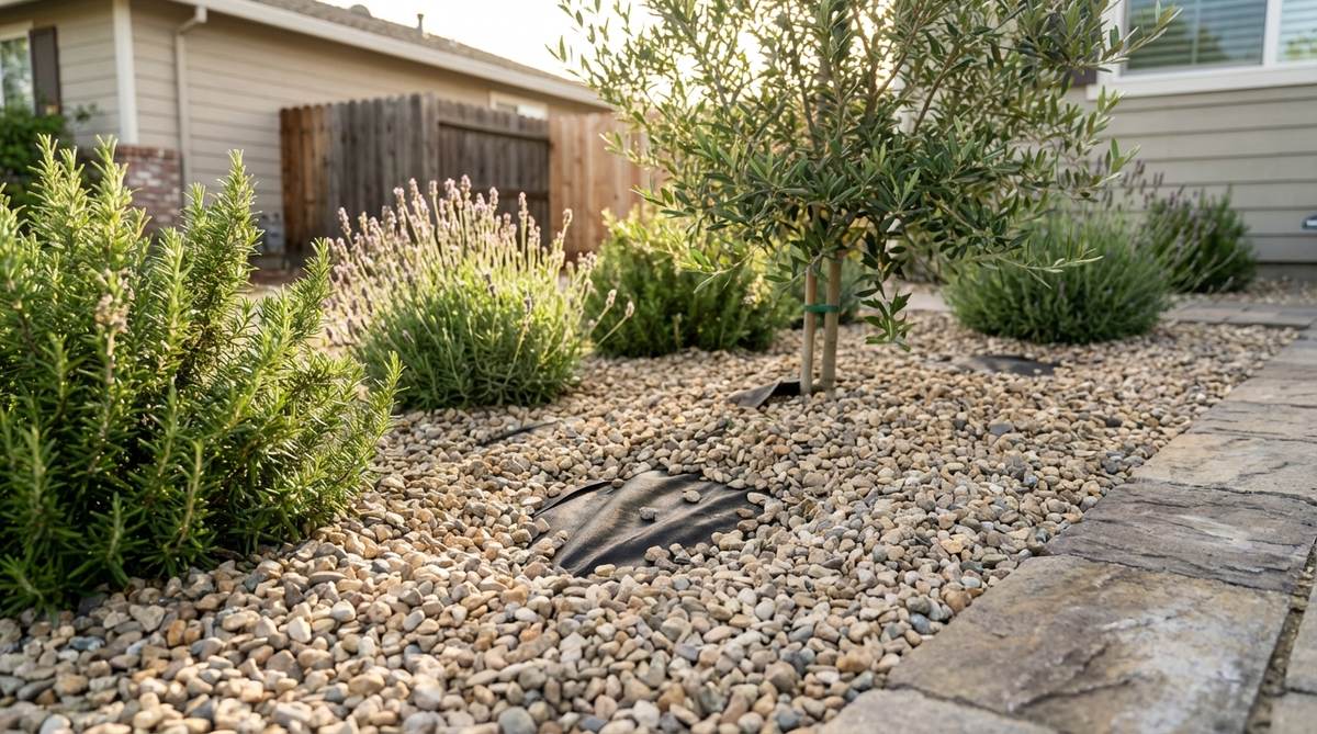 A close-up photo showing 10mm gravel mulch applied 2-3 inches deep around Mediterranean plant bases, with landscape fabric visible underneath. The gravel creates a clean, maintenance-free border that improves drainage and reflects heat upward to benefit sun-loving species, contrasting with traditional organic mulch options.