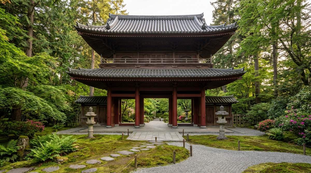 A traditional Japanese Sanmon guardian gate structure in a tea garden setting, featuring substantial post-and-beam construction with double-tiered roofs and deep red-painted columns. This symbolic entrance gate establishes a formal threshold into sacred garden zones, conveying permanence and spiritual significance through its architectural presence.