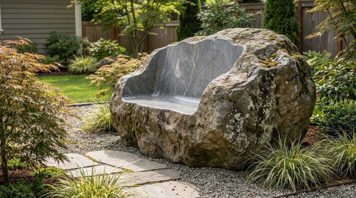 A massive natural boulder bench with shallow hand-carved seat depressions, showcasing the contrast between rough exterior and smooth interior surfaces. This unique stone bench serves as a focal meditation point in Zen gardens, embodying wabi-sabi aesthetics with its organic form and natural imperfections.
