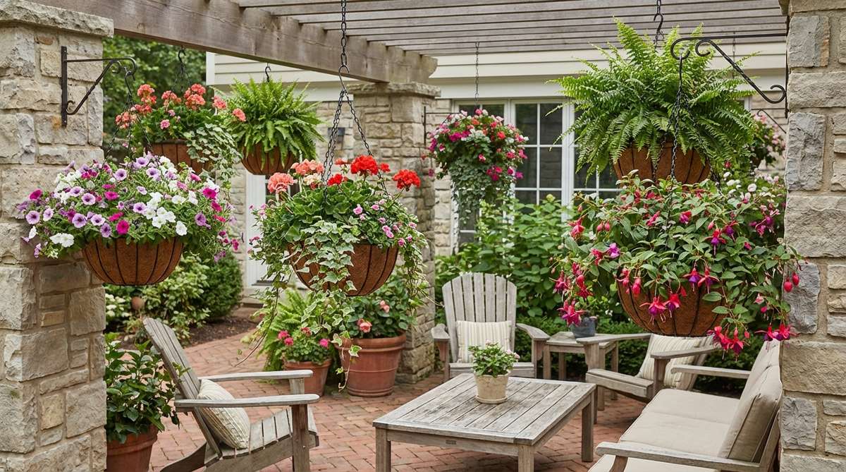 A small garden courtyard featuring hanging baskets suspended at varied heights, creating a layered floating garden effect above a seating area. Self-watering baskets with colorful flowers and trailing plants are hung from pergola beams and wall-mounted brackets, preserving sightlines while adding overhead color and fragrance.