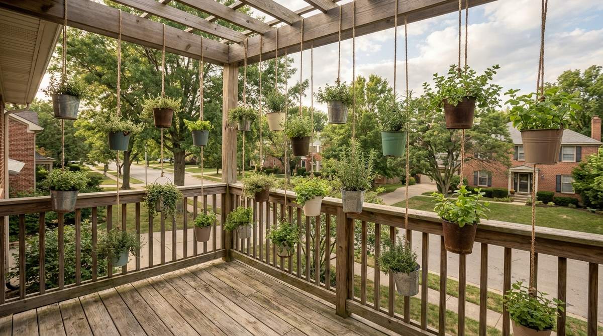 A playful and kinetic mini herb garden featuring several small metal or enamel buckets suspended at staggered heights, creating a cloud of greenery that sways gently with the breeze. Ideal for balconies, this hanging cluster utilizes unused airspace with herbs like trailing thyme and hardy oregano, leaving the floor open while preserving outward views.