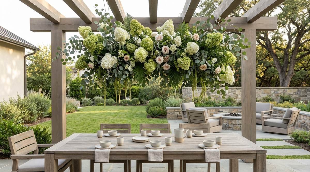 A modern garden table with a suspended floral cloud installation, featuring flowers and greenery hung from pergola beams or tree branches to create an elevated centerpiece that frees table space and adds dramatic overhead interest, ideal for garden parties or special events.