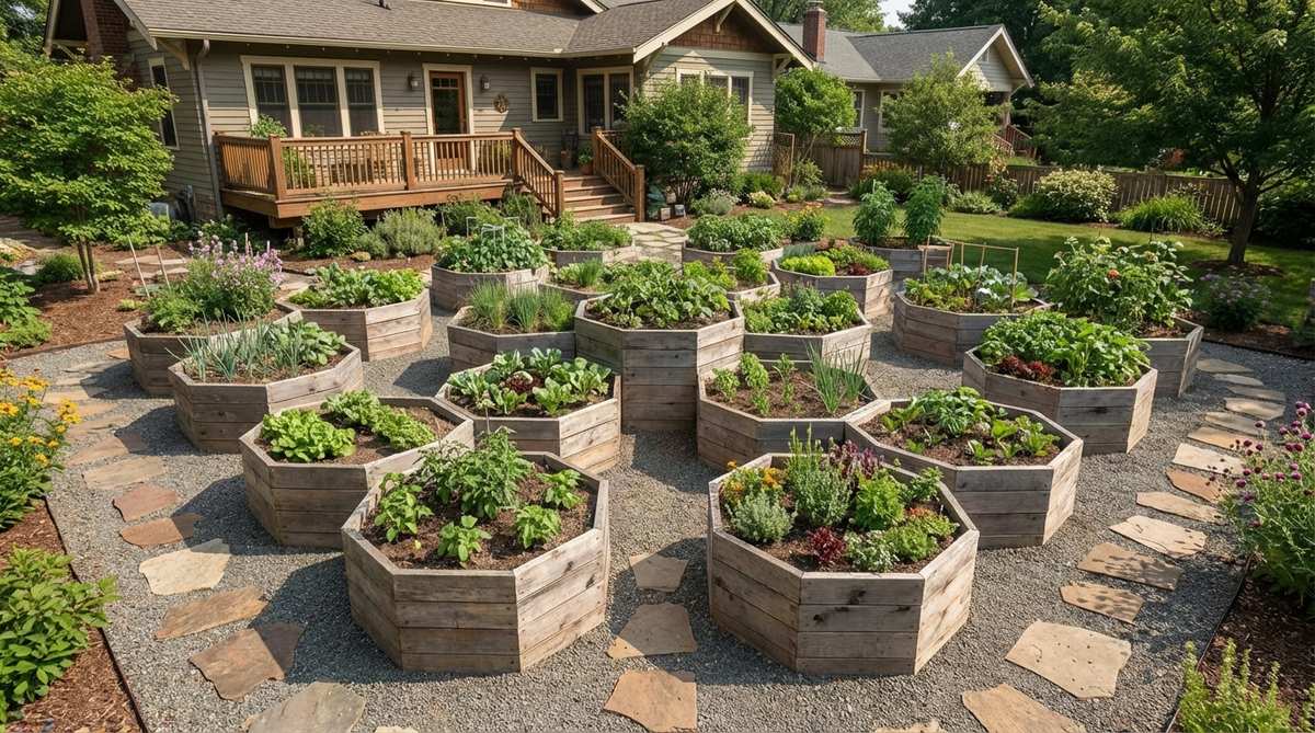 A modular hexagonal garden bed system arranged in a honeycomb pattern, showing multiple 4-foot hexagons connected without wasted space. The design features natural pathways between units, 120-degree angle joints, and demonstrates how the cluster can expand outward while maintaining accessibility from all sides.