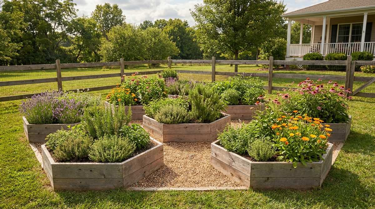 A diagram showing hexagonal raised garden beds arranged in a honeycomb pattern, demonstrating efficient use of space with multiple access sides and minimal pathway waste. The modular design allows for easy expansion and is ideal for herb gardens or cutting flower plots.
