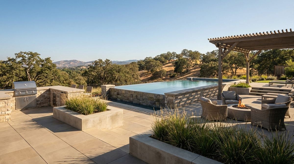 An elevated pool with a vanishing edge creating a dramatic water effect that merges with distant views, featuring geometric forms and clean lines for a modern aesthetic.