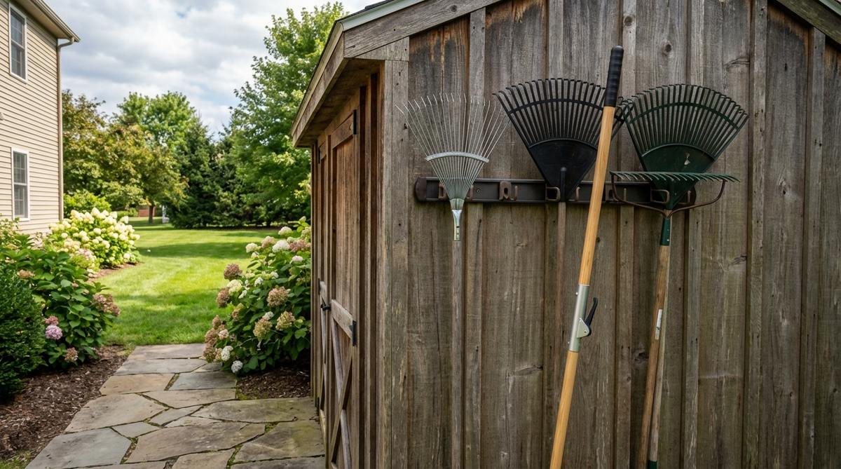 A modular rake system with a universal handle and multiple snap-on heads showing different tine configurations, including fine and coarse spacing, with a quick-release mechanism for easy tool-free changes and a wall-mounted rack for storage.