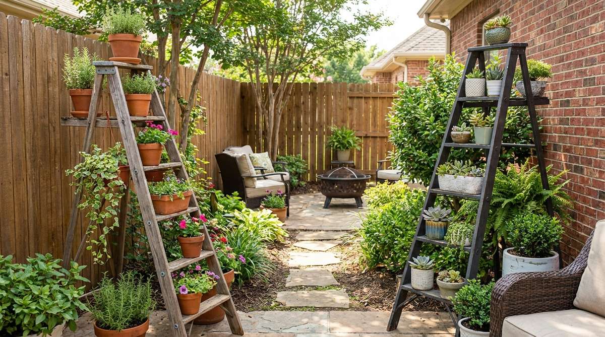 A-frame ladder plant stands creating tiered displays for balcony plants at multiple heights. Wooden ladders suit cottage aesthetics while metal versions fit industrial themes. Portable solution ideal for renters with no wall mounting required.