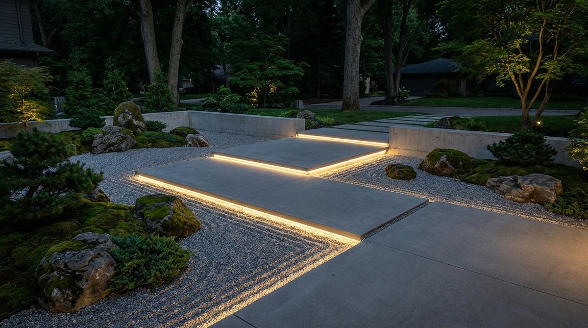 A modern Japanese rock garden at night with subtle LED strip pathway markers installed along concrete slab edges. The low-voltage LED strips provide soft, indirect lighting in warm white tones (2700K) that complement the stone and gravel surfaces, creating functional wayfinding without harsh spotlighting. The recessed installation keeps fixtures invisible during daylight, maintaining the garden's clean minimalist aesthetic.