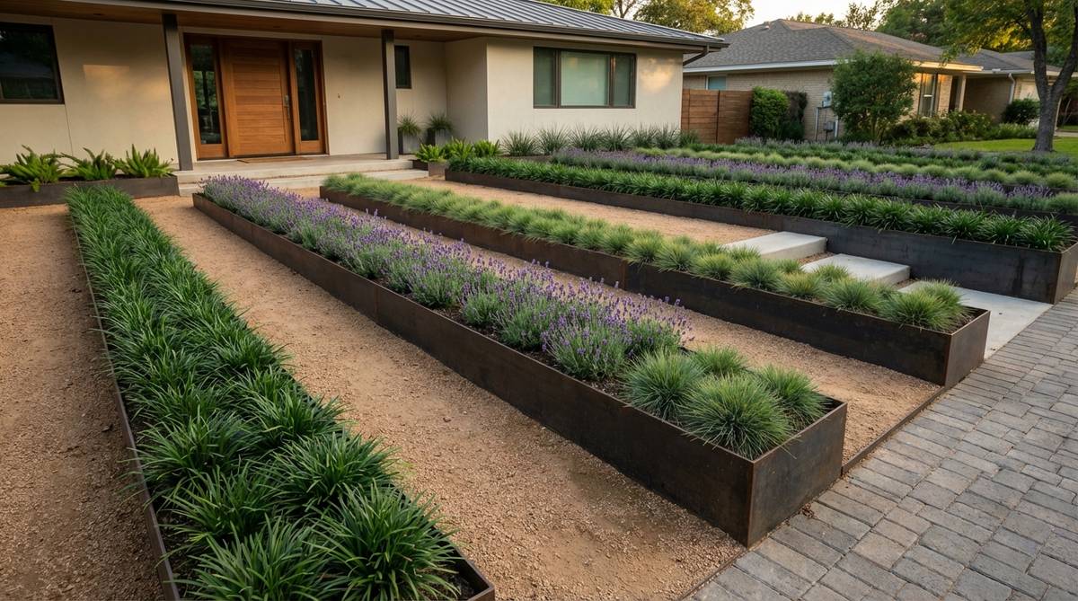 A modern front yard garden featuring narrow rectangular planters arranged in parallel formation, separated by decomposed granite or concrete pathways. Each planter contains a single repeated plant species such as dwarf mondo grass, lavender, or compact sedge, creating a linear repetition that directs movement toward the entry and establishes vertical rhythm. Varying planter heights add subtle elevation changes while maintaining the horizontal emphasis. This layout effectively defines property boundaries or driveway edges without solid barriers, preserving visual openness.