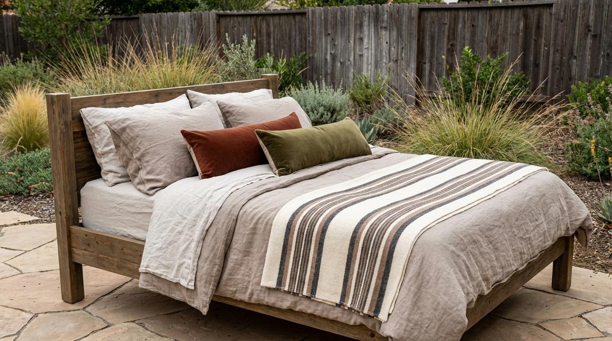 Pre-washed Belgian linen bedding in oatmeal and taupe sand tones, featuring natural wrinkles for relaxed texture. Layered with a lightweight striped wool blanket and velvet lumbar pillows in rust or olive jewel-tone accents, complementing rustic furniture in western boho decor.
