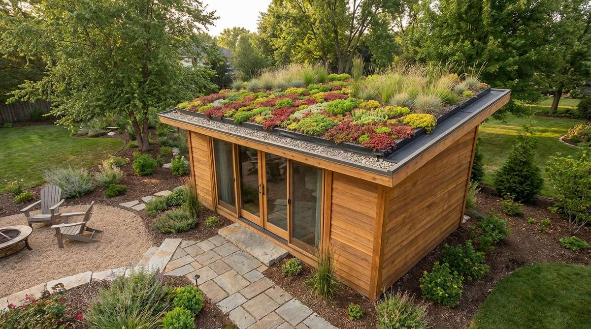 A contemporary garden shed with a living green roof featuring sedum and native grasses, providing natural insulation and absorbing stormwater runoff. The design includes a waterproof membrane and shallow growing medium, suitable for slopes below 4:12 to prevent erosion.