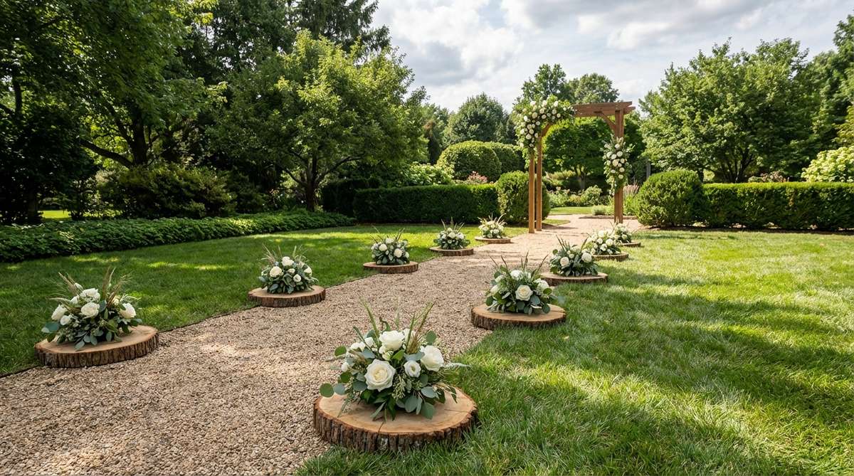 A minimalist outdoor wedding decor featuring low floral clusters arranged on natural wood rounds placed along the aisle. The compact floral arrangements sit close to ground level on sliced wood rounds 12-16 inches in diameter, providing subtle visual markers that withstand wind while complementing the natural surroundings.