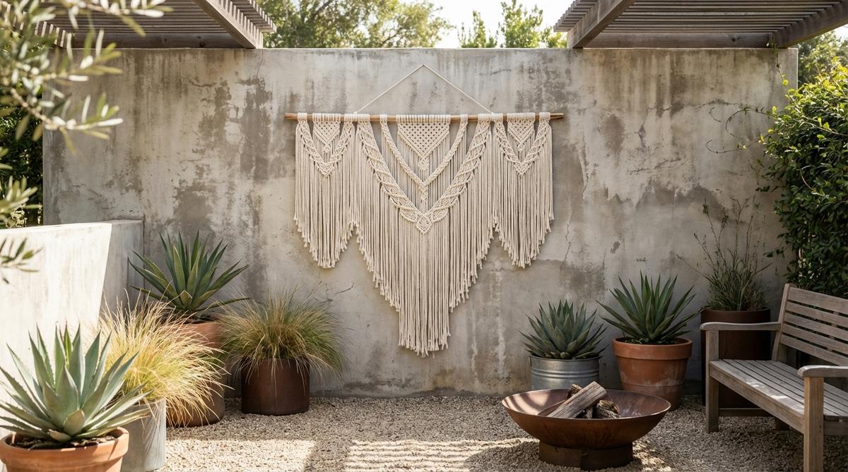 A large macrame wall hanging displayed against a concrete wall, showcasing intricate knotwork and natural cotton fibers that provide textural contrast in an industrial boho decor setting.