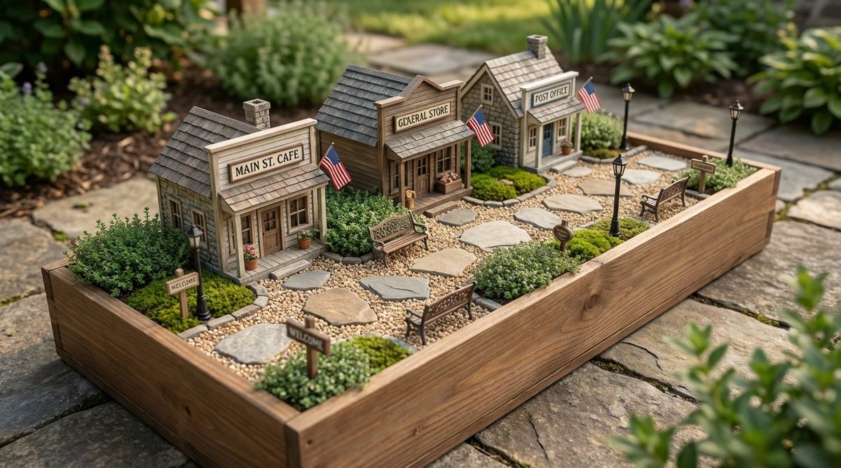 A miniature garden scene featuring a village main street with three to five small buildings lined along a central pathway, using pea gravel or fine sand for the road surface and larger flat stones as stepping areas. Compact ground covers are planted between the buildings to represent yards, and miniature street furniture such as benches, lamp posts, and signs add urban character. This linear arrangement is ideal for rectangular containers or window boxes, creating a clear and organized street pattern that enhances the visual storytelling of the scene.