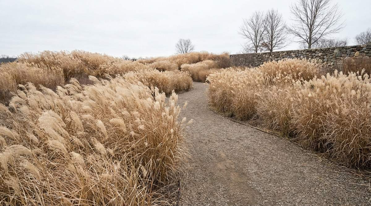 A minimalist garden featuring large drifts of Miscanthus sinensis grass, creating waves of texture that move with the wind. The repetition of this single species eliminates visual competition, showcasing a clean and serene landscape. The grasses are shown with dried seed heads, providing winter interest before their annual cutting back in late winter.