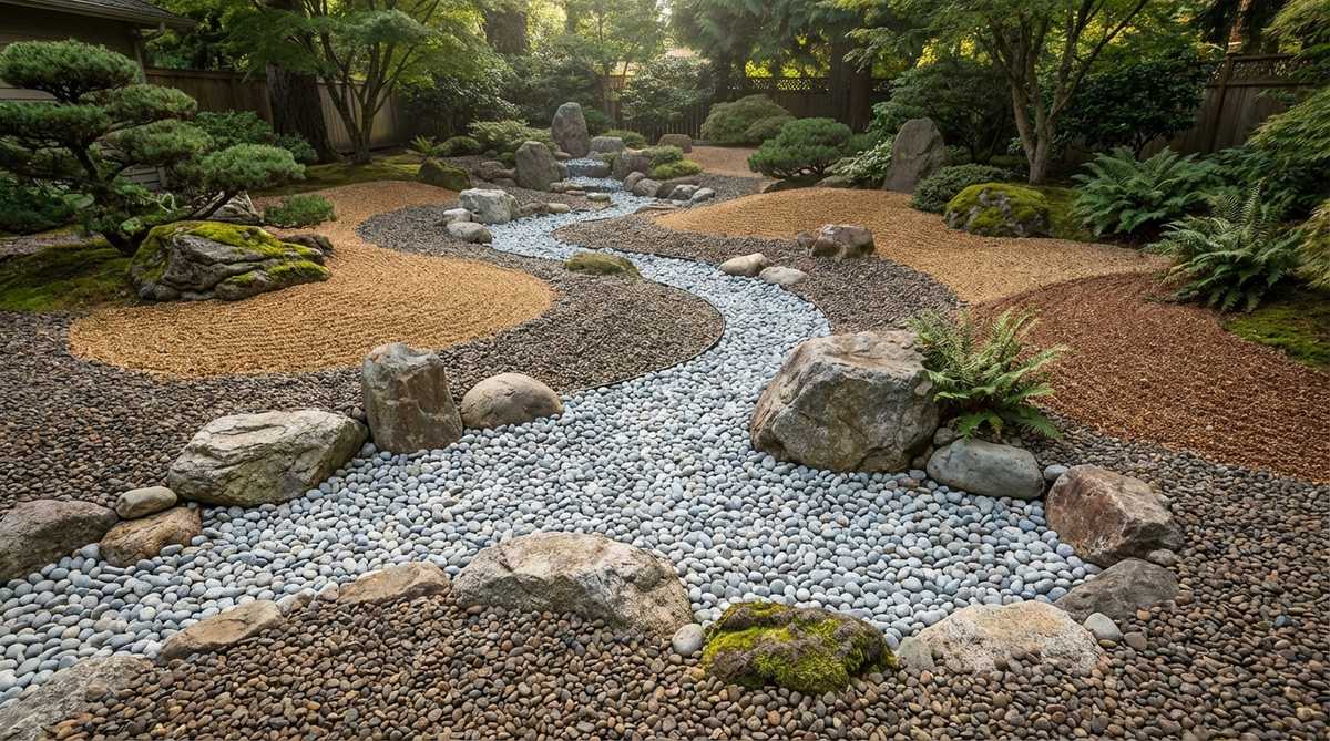 A detailed view of a Japanese Zen garden featuring a meandering river course created with small pebbles arranged in a curving band to simulate a winding stream. The riverbed varies in width to indicate current speed and volume, with larger stones positioned asymmetrically along the edges to act as boulders that redirect water flow. Surrounding areas use different colored gravel to distinguish water from land, enhancing the compositional narrative and natural aesthetic of the garden.