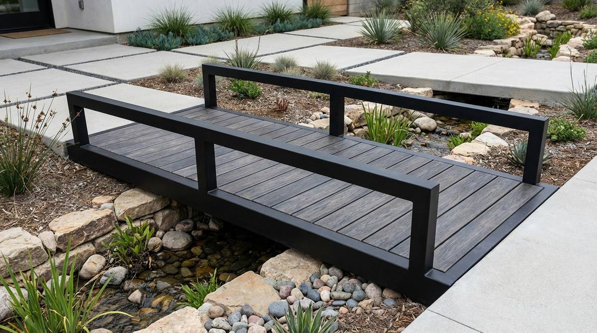 A contemporary mini garden bridge featuring a powder-coated steel or aluminum frame supporting composite decking, with matte black or weathered steel finishes that complement modern architecture and hardscaping. The design offers corrosion resistance and structural integrity for waterside environments.