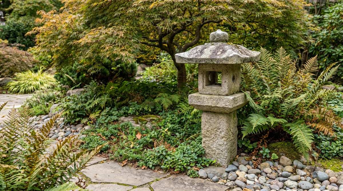 A Japanese garden lantern with a plain, unadorned surface, exemplifying wabi-sabi aesthetics through minimal carving. Features a simple fire chamber and roof line, highlighting natural stone textures and grain patterns, ideal for gardens focused on plant textures and seasonal changes.
