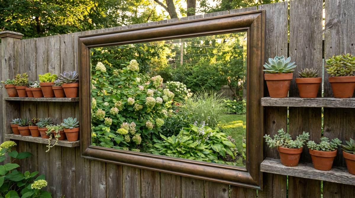 A weatherproof garden mirror framed in rust-resistant material reflects lush surrounding plants, visually doubling the depth of the garden space. Small potted succulents are arranged on narrow shelves around the frame, creating an illusion of plants growing both in front of and behind the reflective surface.