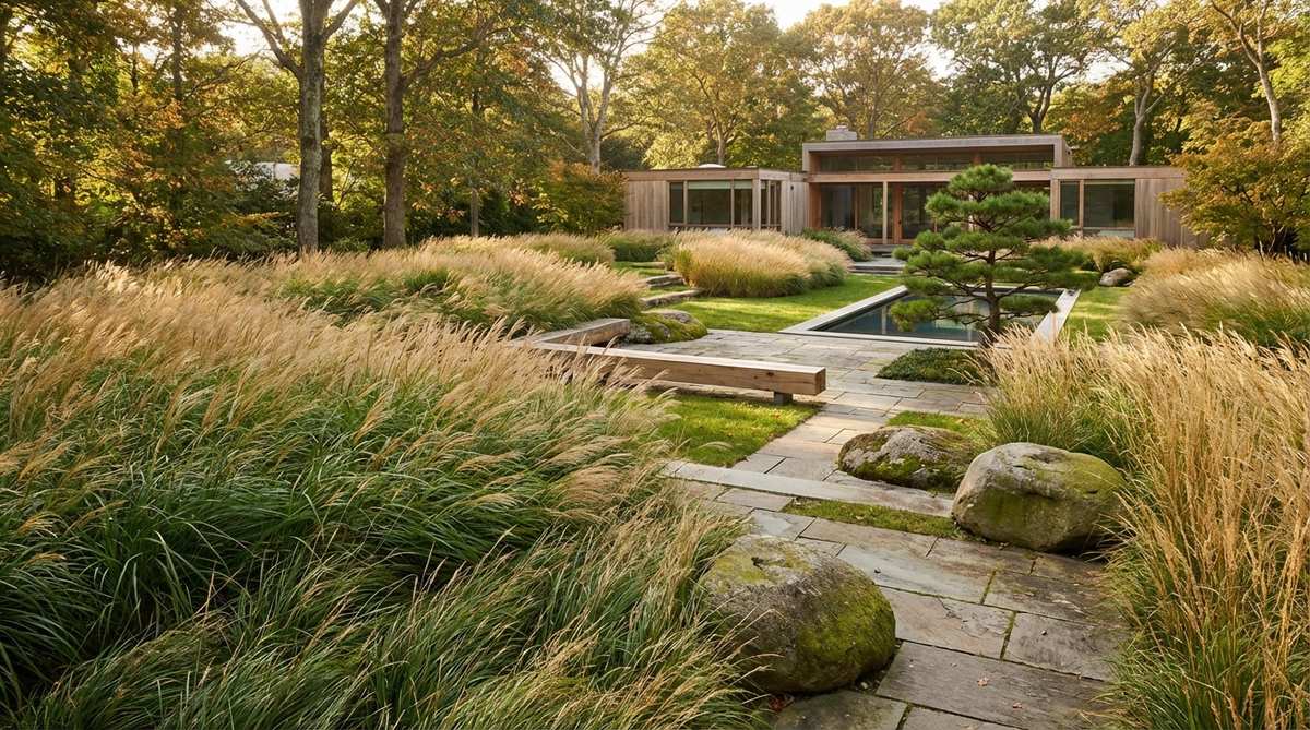 A serene view of a modern Japanese garden featuring mono-species ornamental grass meadows, such as Karl Foerster reed grass or Japanese forest grass, planted in organic drifts that sway gently in the breeze, creating a unified and dynamic visual field with seasonal color shifts from green to golden tan.