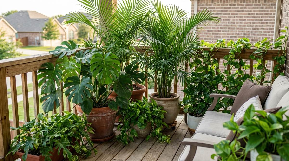 A lush balcony corner featuring large-leafed monstera plants paired with areca or cat palms, creating a dramatic jungle aesthetic. This arrangement includes smaller pothos or philodendron plants at the base for a layered effect, ideal for privacy screening and establishing a tropical ambiance in container gardens.
