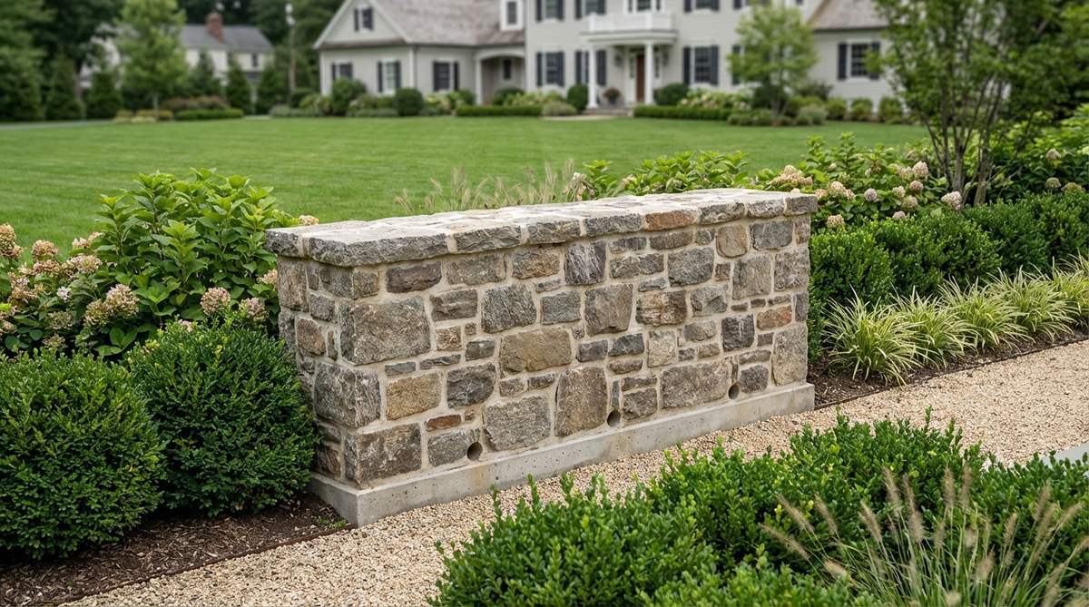 A formal garden wall constructed with fieldstone or cut stone using mortar joints, showcasing permanent stability and traditional aesthetic. The wall is built on concrete footings with proper weep holes for drainage, suitable for structured landscapes.