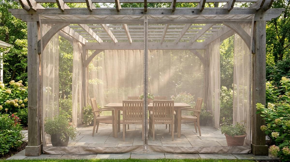Fine-mesh mosquito netting panels suspended from pergola beams to create insect-free zones for outdoor dining, featuring weighted bottom edges, neutral colors for visibility, and magnetic closures for easy access.