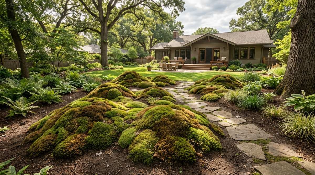 Gentle earthen mounds (koke tsukiyama) covered in moss, representing ancient, undulating landscapes in miniature form. The mounds are built with heavy clay soil, clustered asymmetrically in varying sizes, and require consistent moisture during establishment. Once mature, they need only occasional watering and gentle cleaning with bamboo brooms.