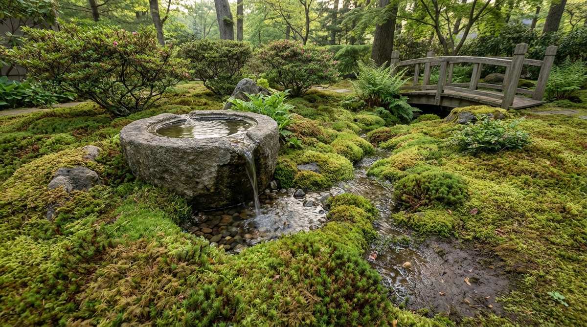 A Japanese garden water feature showing a tsukubai basin set within a lush moss carpet, highlighting the contrast between stone and living ground cover. The moss symbolizes age and longevity, with overflow water naturally irrigating the surrounding area to maintain a self-sustaining ecosystem.