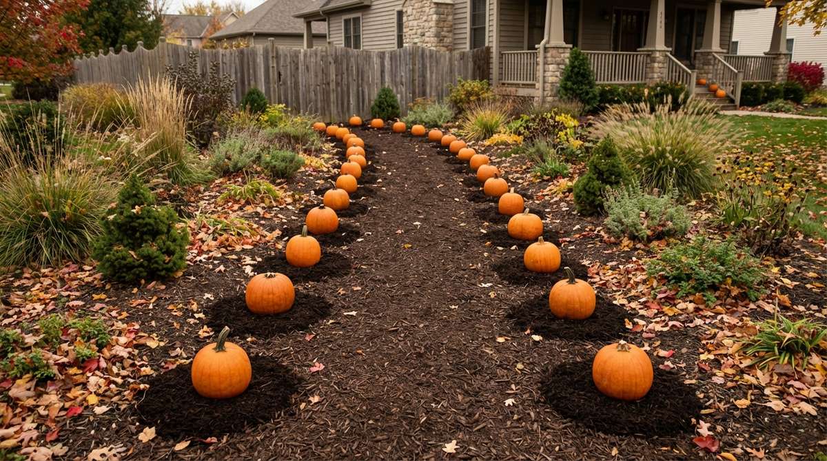 A garden path defined by mulch with pumpkins placed along both edges at consistent intervals, creating a clear border that prevents visitors from stepping into planted areas. The mulch is refreshed around each pumpkin for a crisp, maintained presentation throughout the fall season.