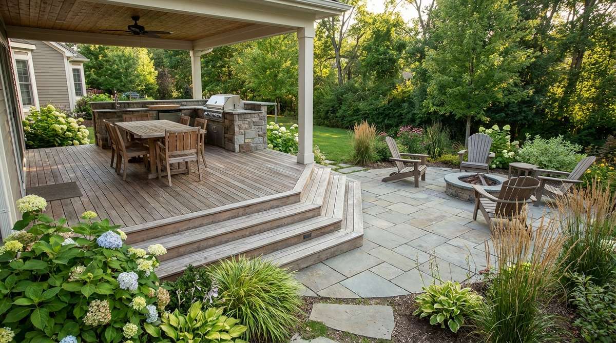 A small garden patio design featuring a multi-level transition from an elevated wooden deck to a ground-level paver patio. The deck provides covered space for dining or cooking, while the paver area offers sun exposure, creating distinct functional zones at different heights. Wide deck steps serve as additional seating during gatherings, with no walls or railings needed to separate the areas.