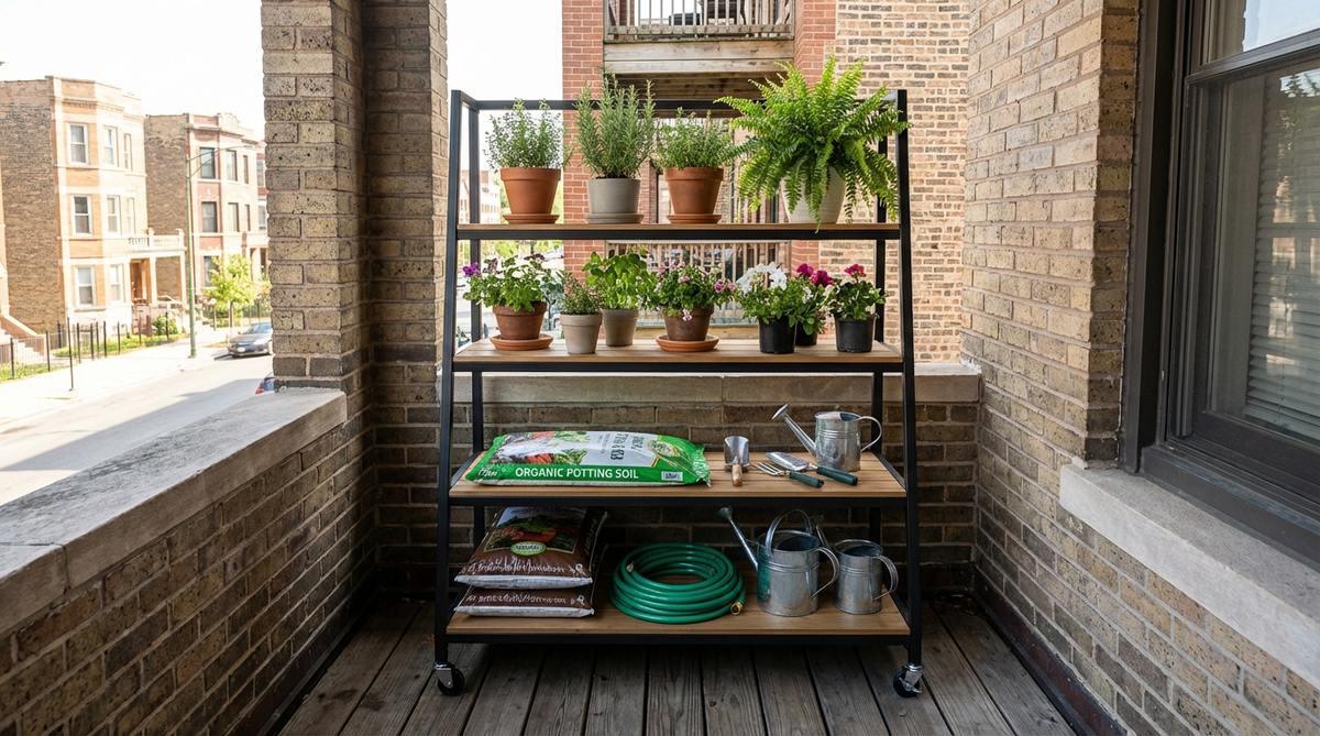A ladder-style multi-tier plant stand with storage shelves, featuring a powder-coated metal frame that resists rust and supports 30-50 pounds per tier. This compact urban balcony furniture displays greenery vertically while organizing potting soil, tools, and watering cans, with wheeled versions for easy rearrangement.