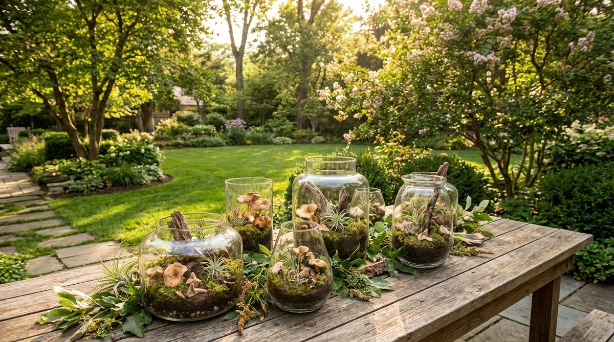 Glass terrarium centerpieces filled with moss, mushrooms, and wood pieces create woodland garden charm for weddings. These miniature ecosystems feature layered substrates, varying mushroom heights, and air plants, requiring no watering during events and serving as unique take-home gifts.