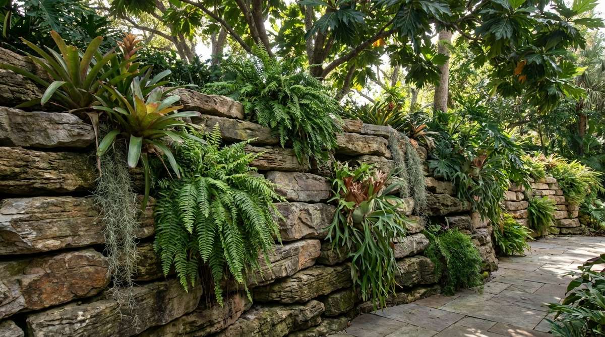 A stacked natural stone retaining wall in a tropical garden, featuring planted crevices filled with ferns, bromeliads, and trailing plants. The vertical planting technique creates lush waterfalls of foliage, with varied stone textures mimicking authentic jungle outcrops.
