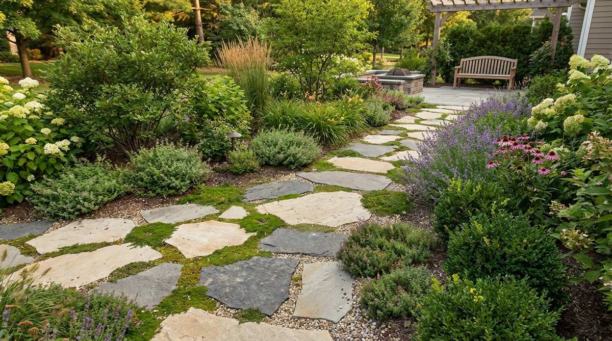 Irregularly-shaped natural stone steppers creating an organic pathway through planted garden areas, spaced 18-24 inches apart for comfortable walking. The stones are set flush with the surrounding grade to accommodate mowing, with gaps filled with fine gravel, moss, or creeping thyme for textural contrast in contemporary garden design.