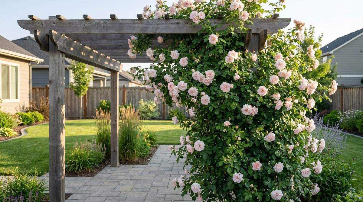 A modern garden climbing rose with pale blush-pink semi-double flowers that emit a sweet fragrance. The vigorous plant covers 12 to 15-foot canes, shows strong disease resistance, and blooms repeatedly throughout the growing season. Ideal for pergolas or arbors in contemporary garden designs.