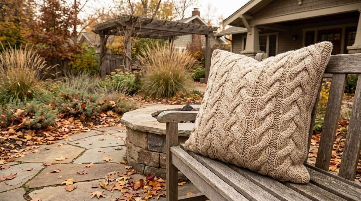 A boho decor pillow in warm oatmeal tones with a cable-knit texture, creating cozy appeal for indoor or outdoor spaces. The raised knit pattern adds dimensional interest while maintaining neutral versatility, perfect for shoulder seasons when temperatures cool.