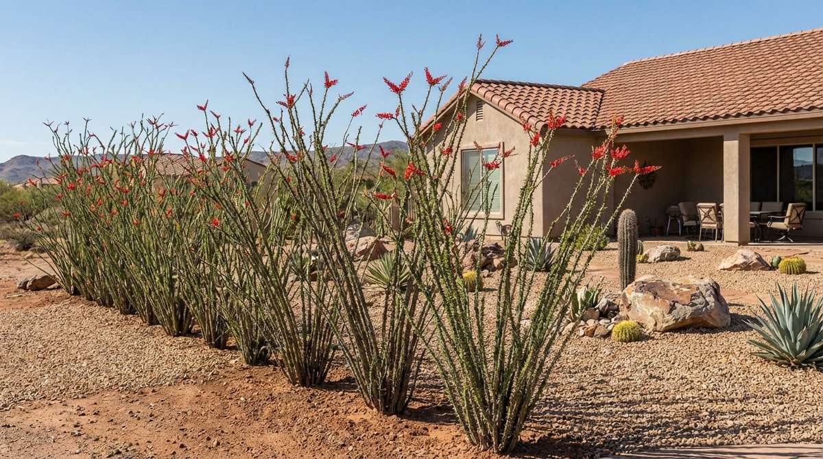 An image showing ocotillo stems planted vertically to form a living fence in a gravel garden, with thorny stems creating a permeable barrier and seasonal red tubular flowers after rainfall, set in native soil topped with gravel.