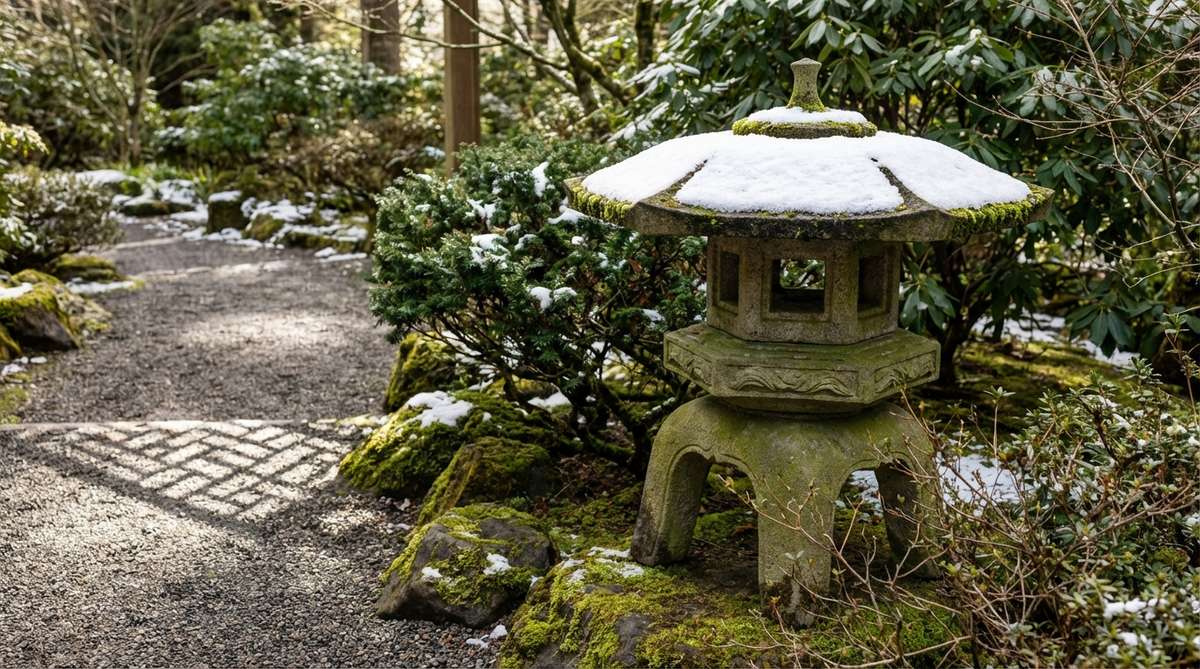 An authentic Japanese stone garden lantern with an octagonal roof, showcasing eight distinct facets that create complex geometric shadows and varied snow accumulation patterns. This yukimi-style lantern features skilled stone carving and is positioned to maximize viewing angles for appreciating its eight-sided geometry in traditional garden settings.