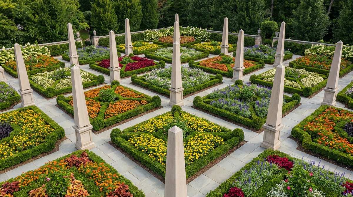 Stone obelisks marking intersection points in a formal parterre garden, dividing geometric beds into quarters or eighths with rhythmic punctuation. The consistent height and neutral stone color create organized visual structure while allowing seasonal bedding plants to provide color variation.