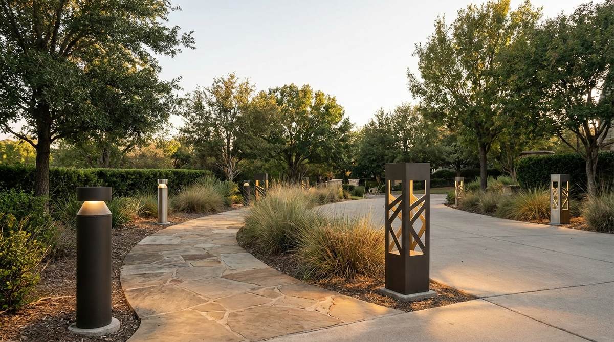 Contemporary pathway bollard lights in geometric designs made from powder-coated aluminum or stainless steel. These fixtures range from minimalist cylinders to architectural statements with cutout patterns, ideal for illuminating pedestrian pathways and driveways with heights between 24-36 inches for optimal visibility.