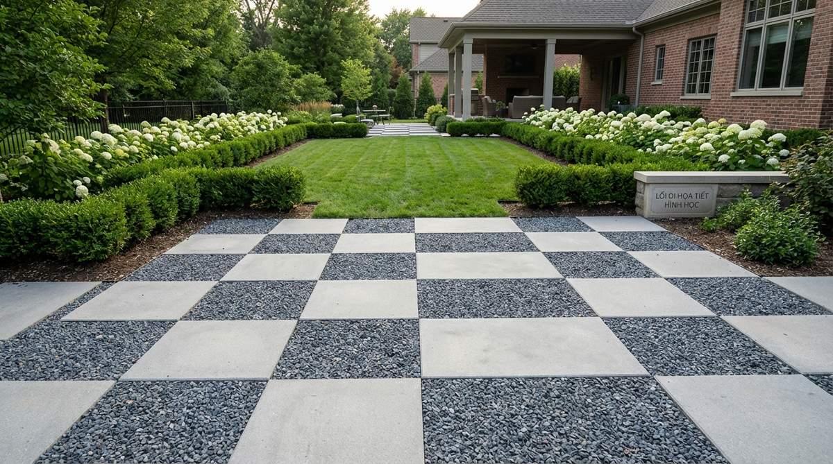 A formal geometric garden path design featuring alternating squares of concrete pavers and pea gravel in a checkerboard pattern. This modern landscape design uses 12x12-inch or 16x16-inch pavers on a sand bed with contrasting white or black pea gravel filling the intervening squares, creating visual rhythm while providing stable footing and water infiltration.